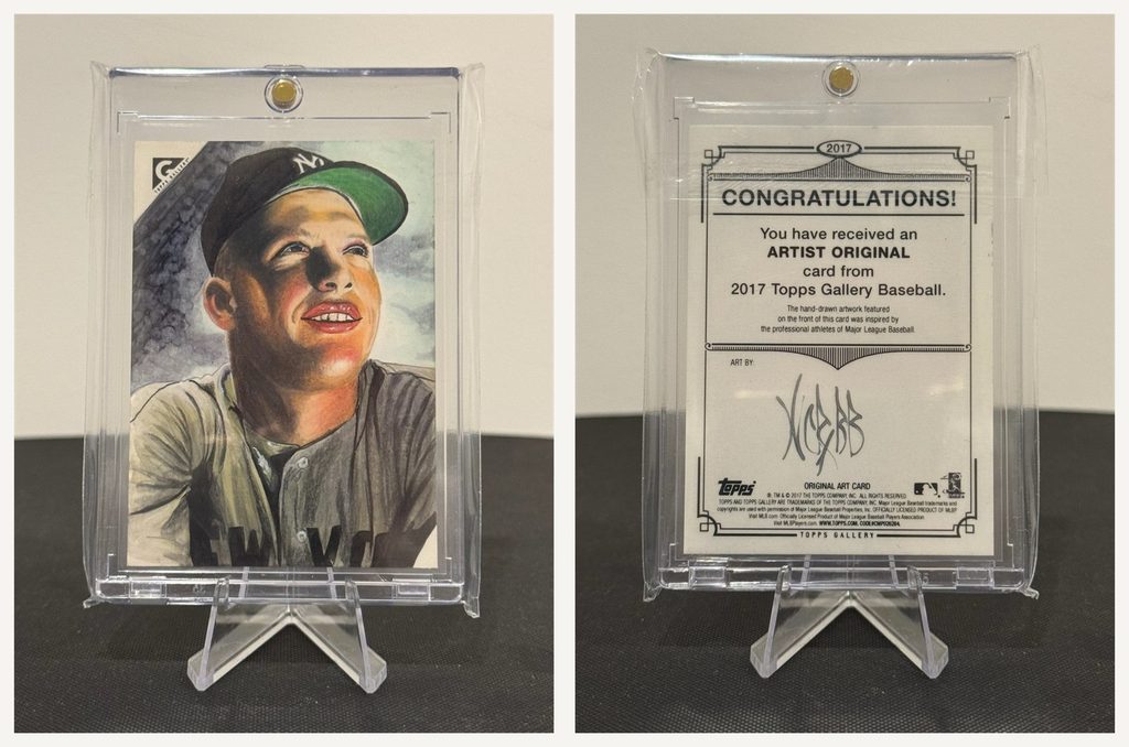2017 Topps Gallery Baseballのミッキー・マントル（Mickey Mantle）Artist Originalカード。左が表面の原画、右が裏面。